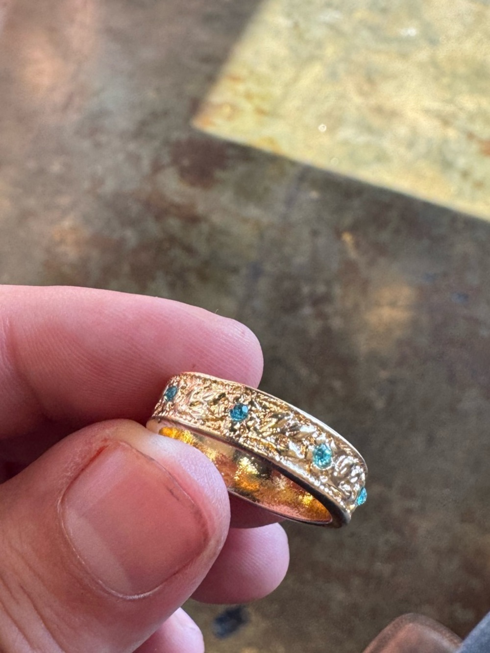 Ring Gold Floral Band with Teal Stone Accents